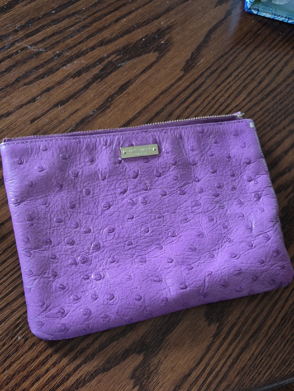 kate spade purple ostrich-embossed zip clutch pouch
